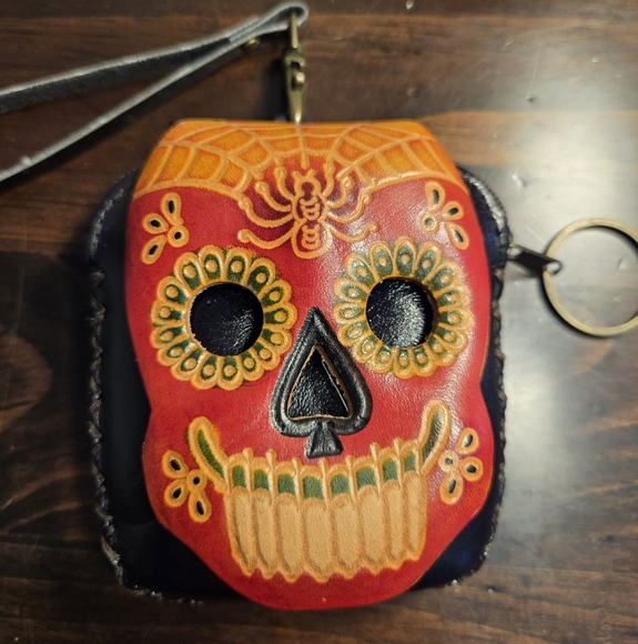 Handcrafted Colorful Skull Leather Keychain Wristlet Burnt Design - Picture 1 of 10
